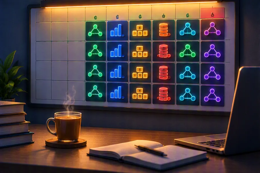 A thirty-day calendar gradually filled with data structure icons next to a laptop, representing a one-month coding interview plan