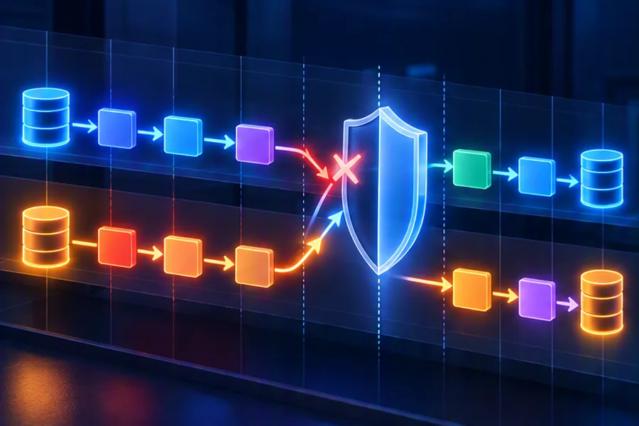 Illustration of two concurrent database transactions on parallel timelines separated by an isolation shield