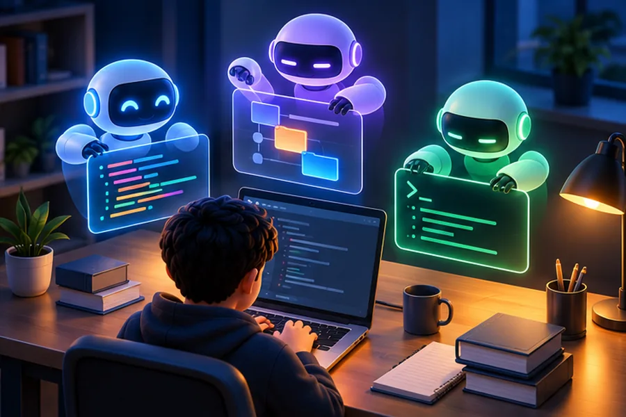 Illustration of three AI coding assistants helping a developer in an editor, a file view and a terminal