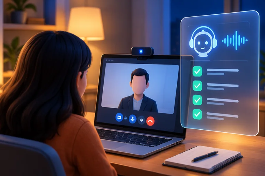 A candidate taking an AI-led video interview at a laptop with an abstract AI interface on screen