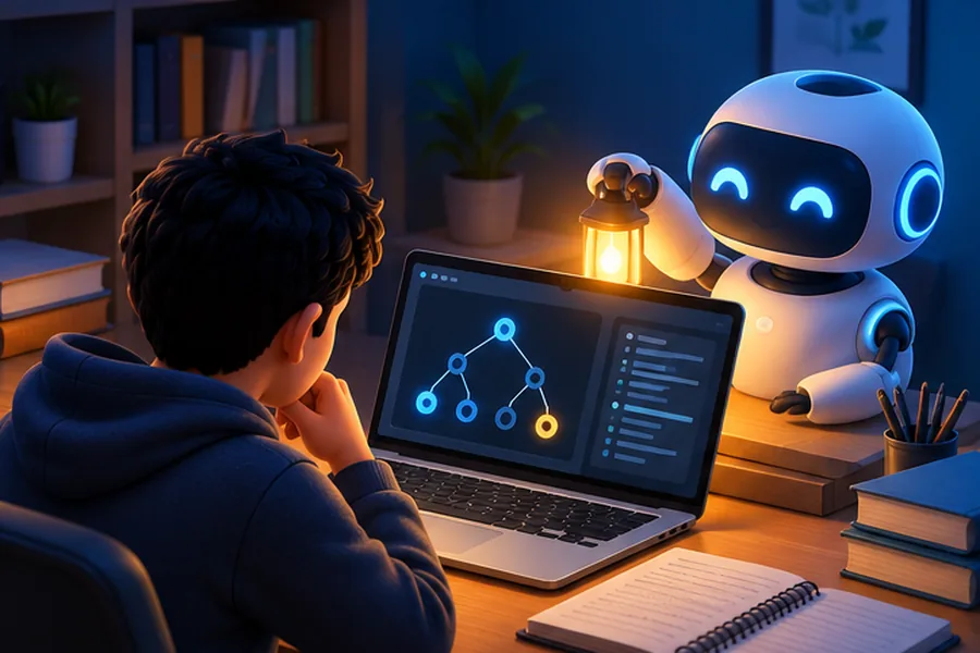 A friendly AI tutor lighting the next step of a problem for a student rather than giving the answer
