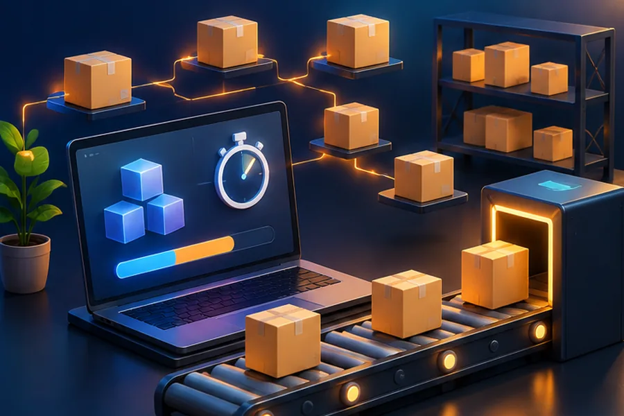 Laptop with code and a timer surrounded by delivery boxes arranged as a graph