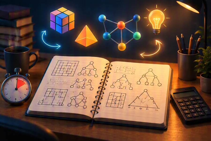 A study desk with puzzle-filled notebook and stopwatch representing aptitude test preparation
