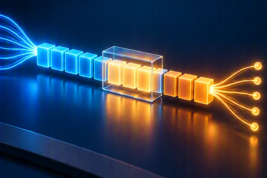 Row of glowing array blocks with two pointers and a sliding window frame