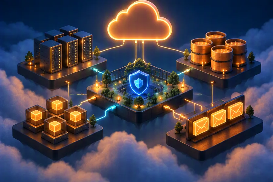 Isometric illustration of a cloud city of compute, storage, networking and queue building blocks connected by light
