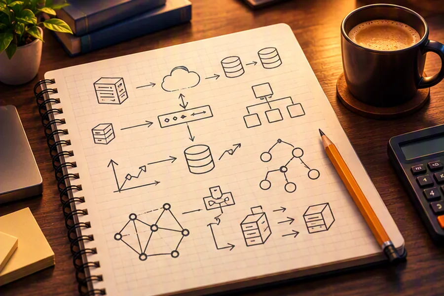 Notebook with sketched capacity estimation diagrams, a calculator and a pencil on a desk