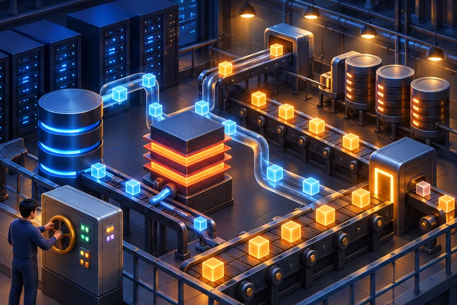 Engine-room style illustration of backend services, databases, caches and queues