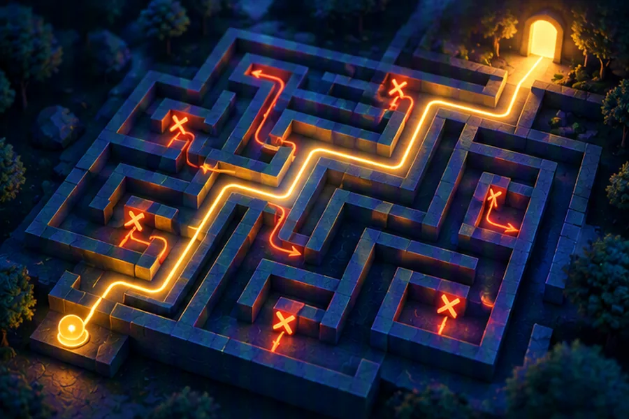 Illustration of a branching maze where a light trail backtracks from dead ends to find the exit