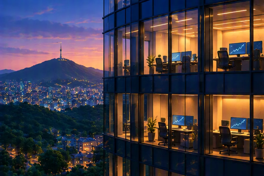 Illustration of a banking technology office at dusk with engineers working on code and financial charts
