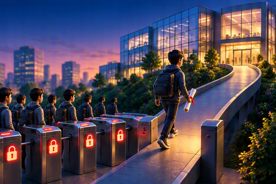 Graduate walking past eligibility turnstiles toward a product company office