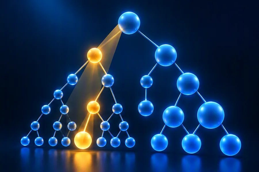 A balanced binary search tree with a light beam tracing a search path down one branch