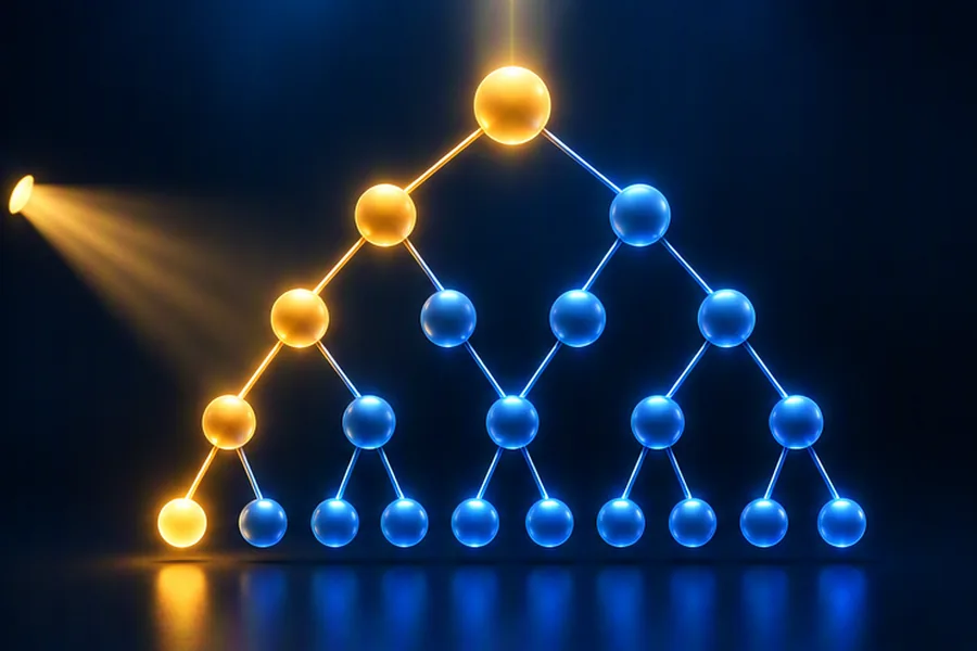 Glowing binary tree with a highlighted maximum path and light beams showing tree views