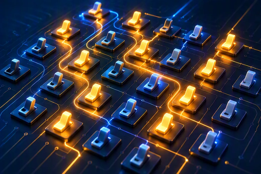 Illustration of glowing binary switches on a circuit board representing bit manipulation