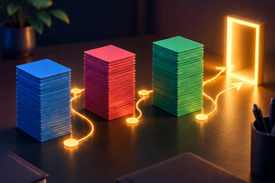 Three stacks of problem cards with a path weaving between them, representing choosing between DSA sheets