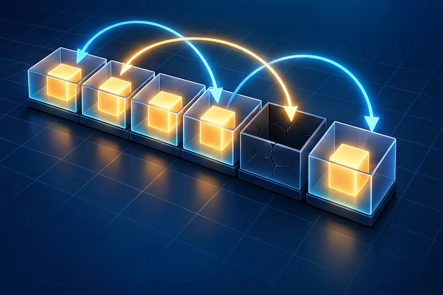 Memory cells connected by pointer arrows, one pointing to a broken cell, representing C pointers and memory bugs