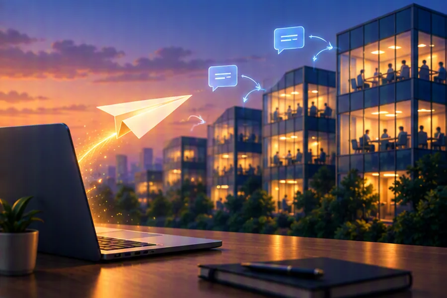 An envelope paper airplane flying from a laptop toward office buildings with reply bubbles returning