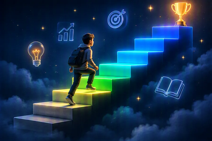 Student climbing a staircase of colored rating levels toward a trophy