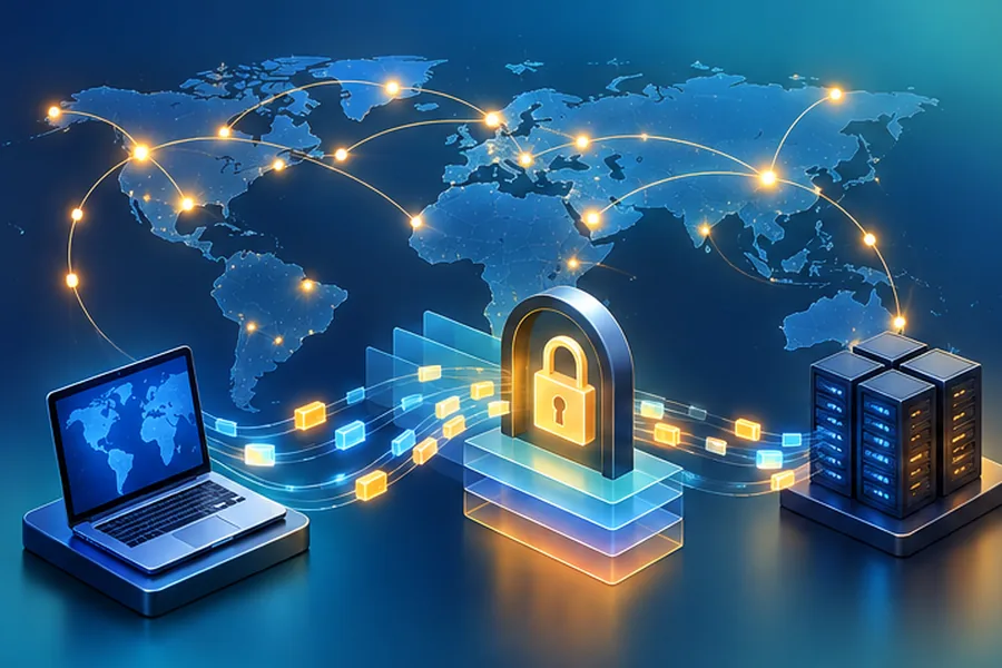 Data packets travelling between a laptop and servers across a network of glowing nodes