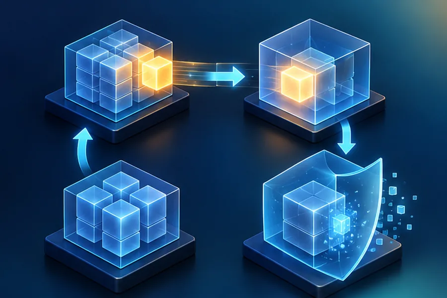 Memory blocks connected by pointer arrows with a resource being moved and a shield representing RAII