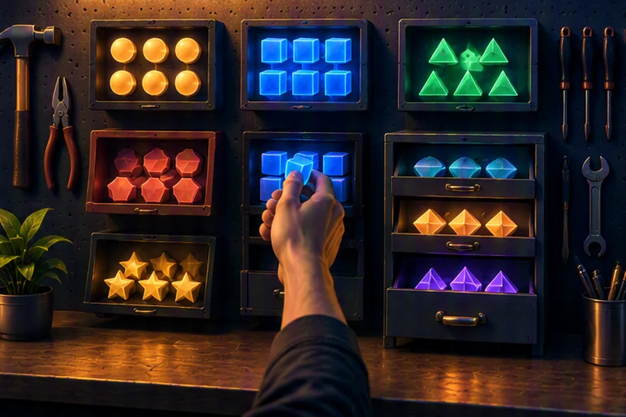 A wall of organised toolboxes and trays holding glowing pieces, representing the C++ standard template library