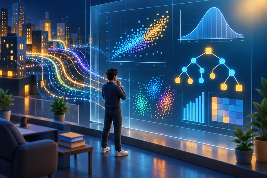 Data scientist analysing charts, distributions and a decision tree projected on a glass wall
