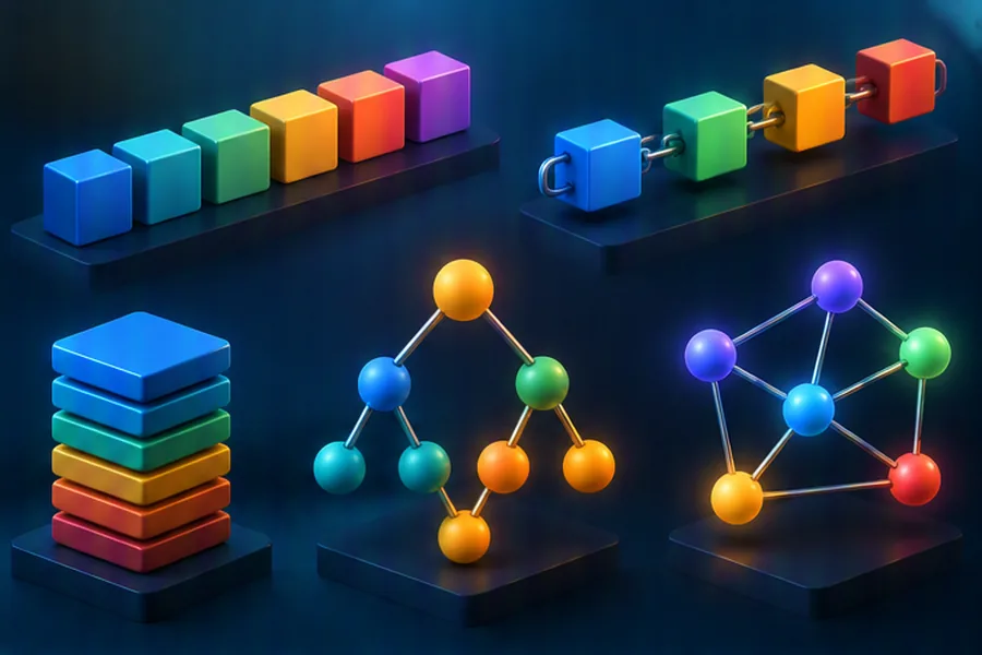 Isometric blocks forming an array, linked list, stack, tree and graph, representing core data structures
