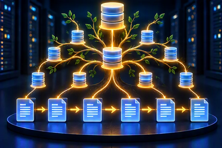 Illustration of a B+tree index as a glowing tree of disk pages with linked leaf nodes