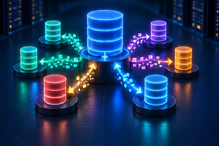 Illustration of a database splitting into multiple shards connected to a central router
