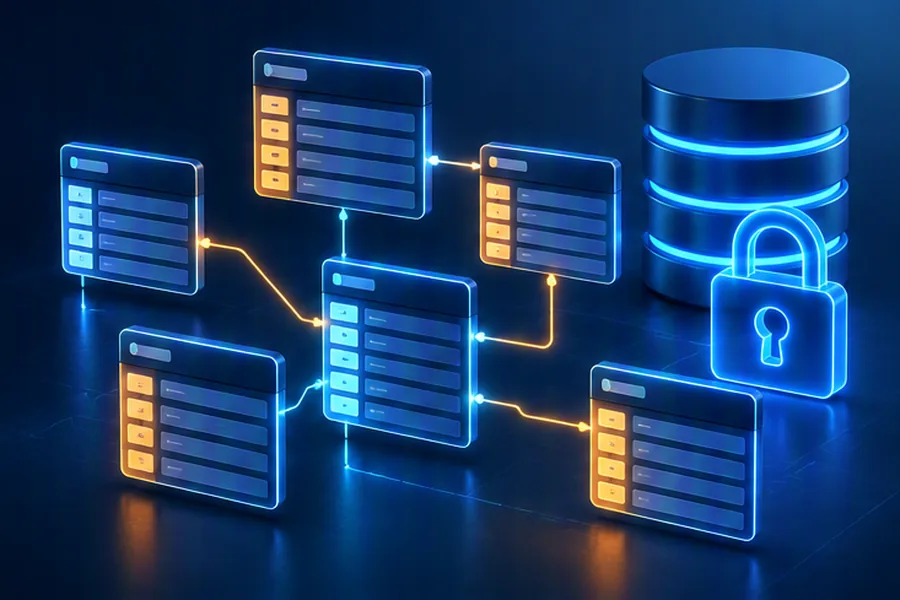 Glowing linked database tables with storage cylinders and a lock shape representing transactions