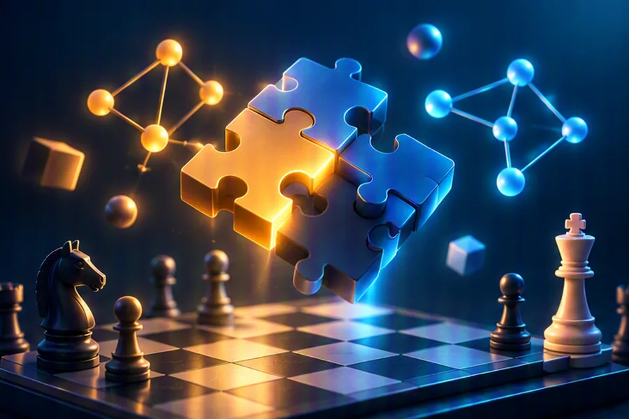 Illustration of geometric puzzle pieces, graph nodes and a chessboard representing a high-bar technical interview