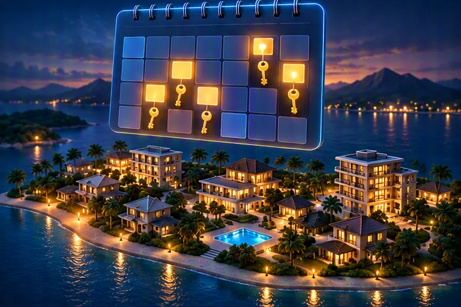 Calendar grid over a miniature town of homes and hotels with booked nights highlighted, representing a booking system