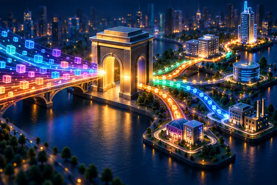 An illuminated gateway arch routing streams of light packets to different service buildings
