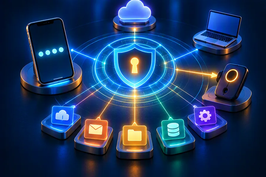 A central shield and keyhole connected to many apps, representing authentication and single sign-on