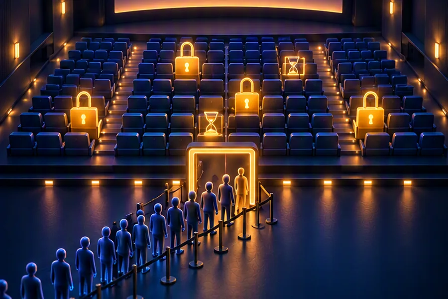 Cinema seat map with locked gold seats and hourglass timers, and a queue of people at a virtual gate