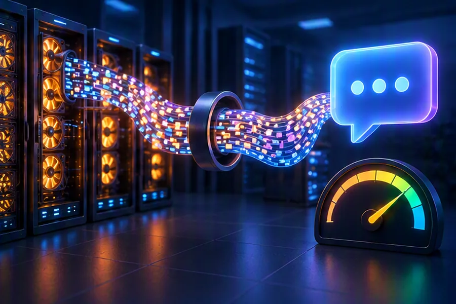 GPU racks streaming glowing token tiles into a chat bubble, illustrating LLM chat system design