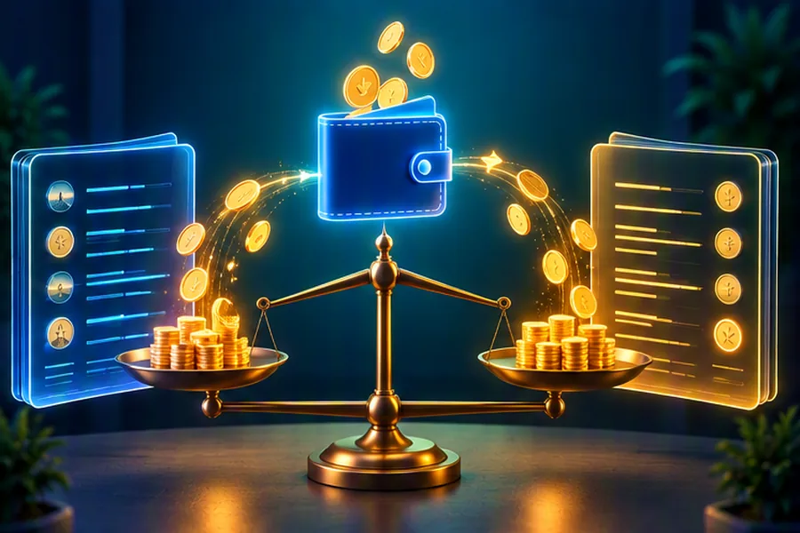 A digital wallet above a balanced scale with coins flowing between two ledger books