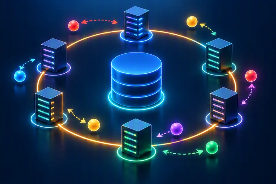 Consistent hashing ring with cache server nodes and keys mapped clockwise above a database