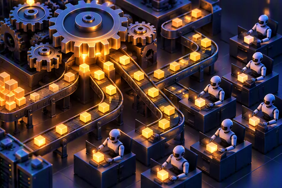 Clockwork gears releasing glowing task blocks onto conveyor belts toward robotic workers, representing a distributed job scheduler