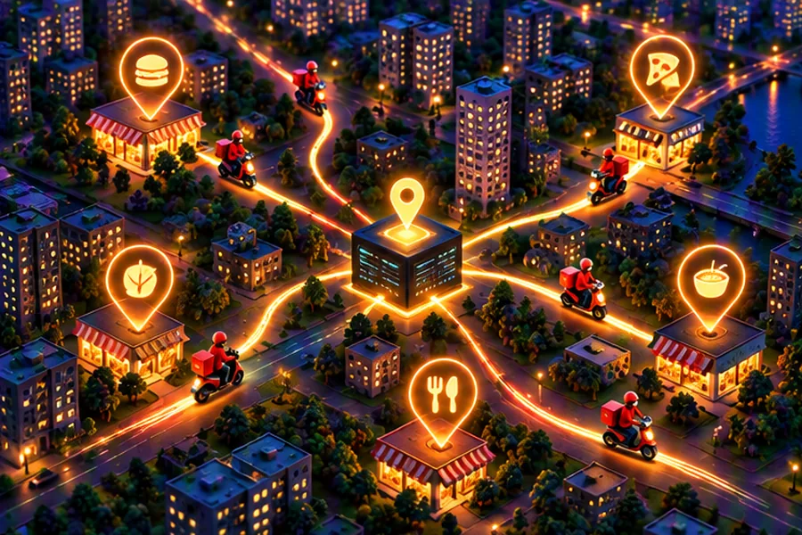 Isometric city at night with delivery scooters moving between restaurants and homes, coordinated by a central dispatch hub