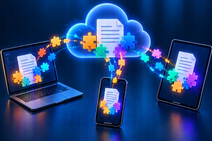 Devices syncing files with a cloud as small coloured blocks flowing between them