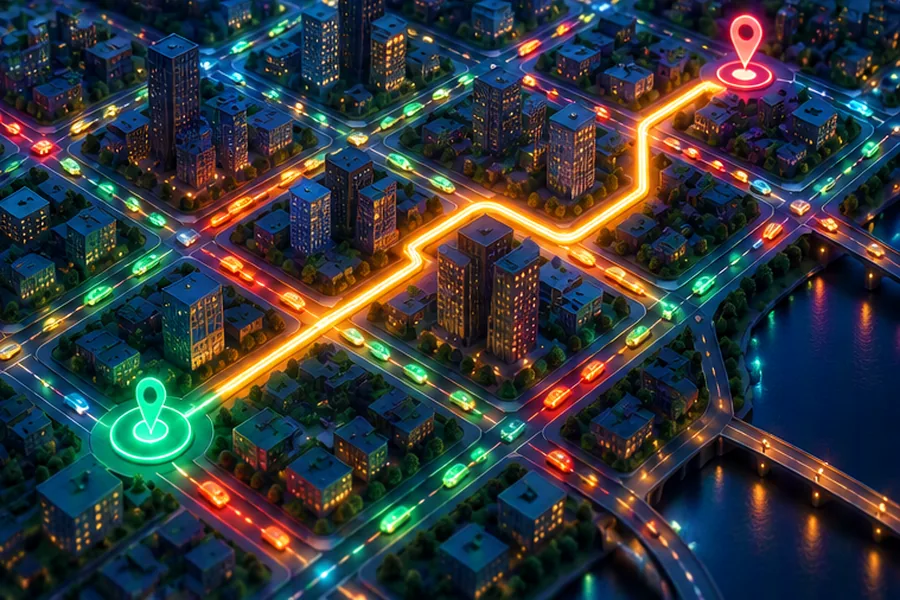 A tiled 3D city map with a highlighted route, traffic-coloured roads and a destination pin