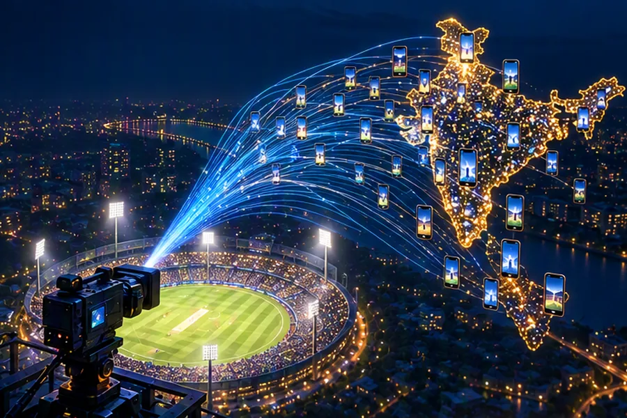 A floodlit cricket stadium beaming a broadcast that splits into millions of streams across a map of India