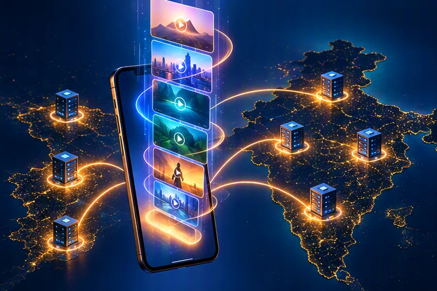 Vertical short video cards cascading into a smartphone, linked to edge servers across a map