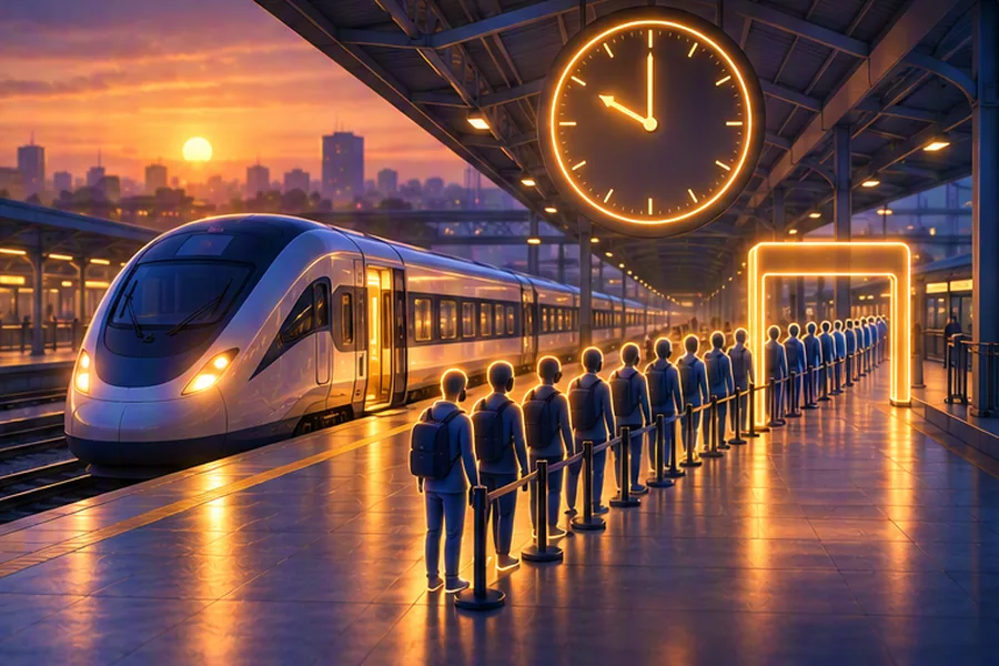 A train at a platform under a large clock at 10, with an orderly queue flowing through a gateway
