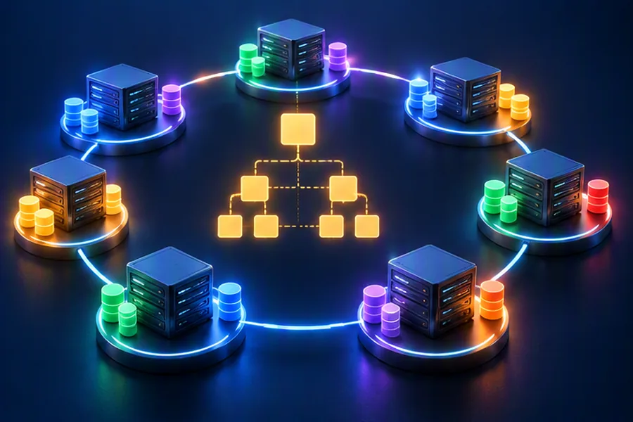A consistent hashing ring of server nodes with replicated keys and a Merkle tree in the centre
