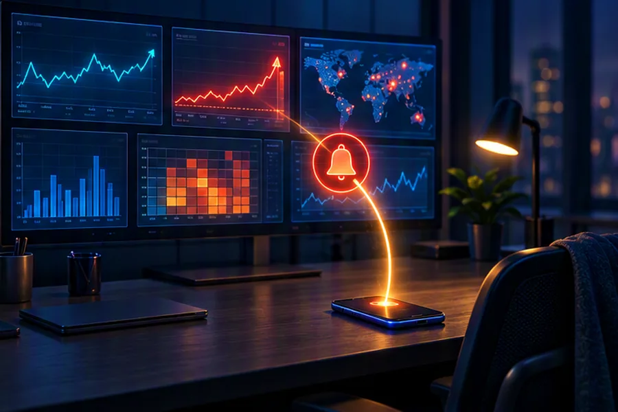 Control room wall of glowing time-series graphs with one spiking red and an alert travelling to a phone, representing monitoring and alerting