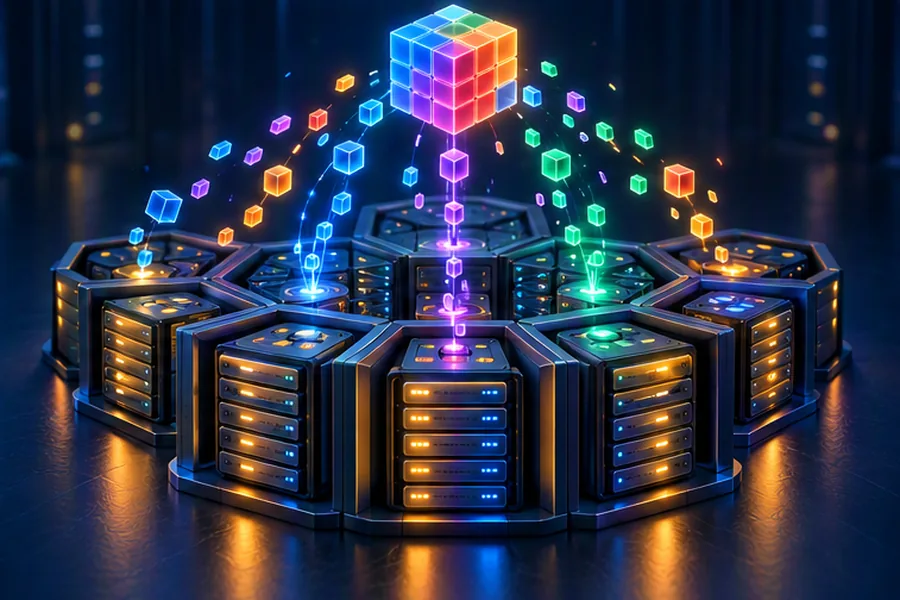 Data fragments splitting across glowing storage racks and reassembling into a cube, illustrating object storage