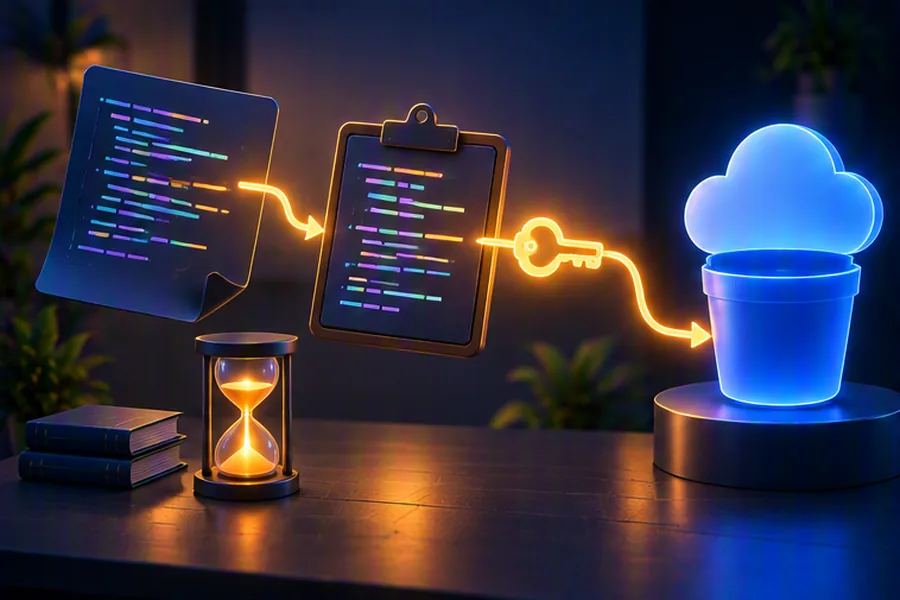Code pasted onto a clipboard turning into a short link key that flows into cloud storage with an expiry hourglass