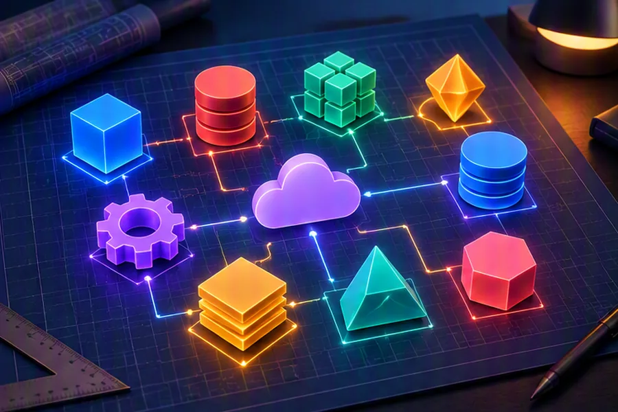 Ten interlocking geometric blocks on a blueprint representing software design patterns