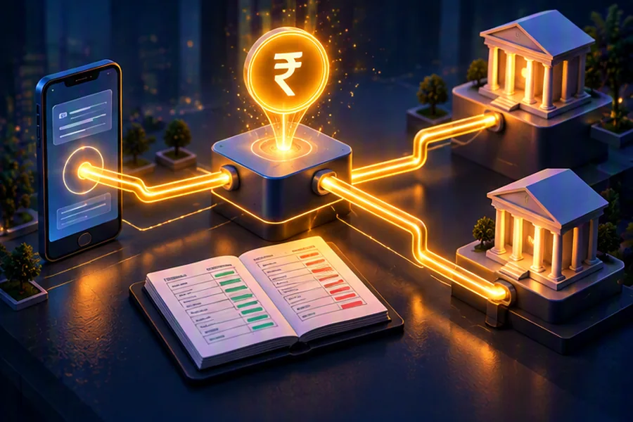 Illustration of a digital payment moving from a phone through a central switch to bank buildings with a balanced ledger
